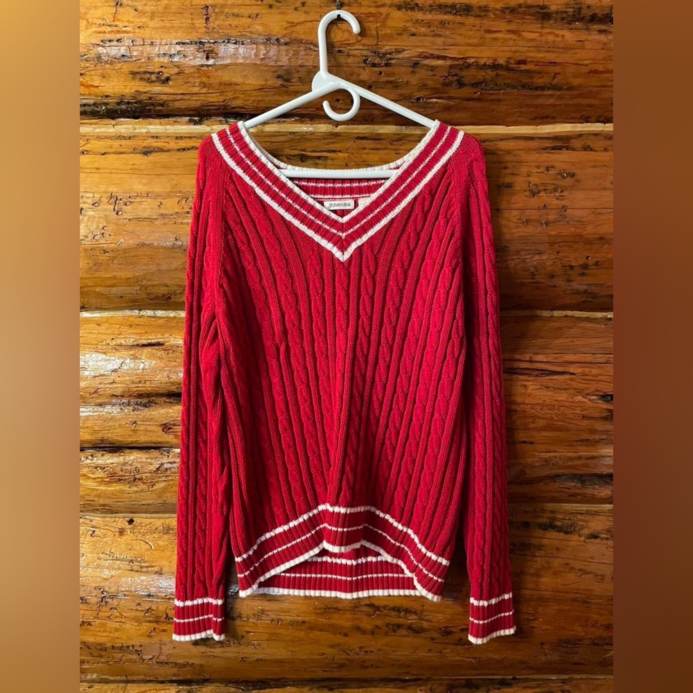 St. John's Bay Red V-Neck Cable Knit Sweater with White Trim